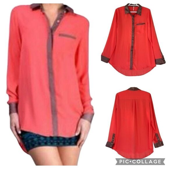 Free People Sheer Coral Pink Boyfriend Button Down Shirt Tan Bronze Trim Size S - Picture 1 of 8